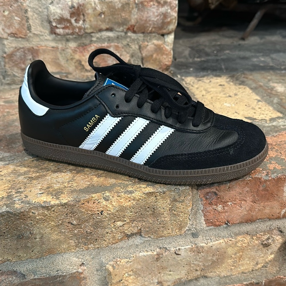 Adidas Samba, core black/cloud white/gum, women’s size 7, lightly worn like new
